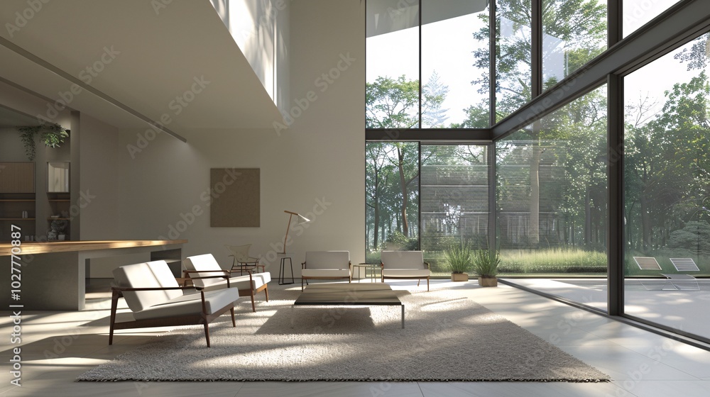 Fototapeta premium 3D rendering of a modern, minimalist living room with sleek furniture, large windows, and natural light