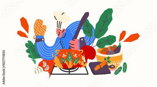 Cartoon chef cooking soup in a saucepan on fire. Doodle mascot with chef's hat and apron cooks lunch or dinner. Vector illustration of cooking food on stove