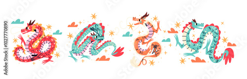 Chinese red dragons, lunar new year. Bright traditional animal symbol of the lunar year. Zodiac dragon, Asian mythical animal in cartoon doodle style.