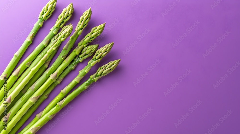 Naklejka premium Vibrant Diagonal Asparagus Spears on Rich Purple Background - Fresh and Colorful Vegetable Arrangement for Culinary and Food Photography