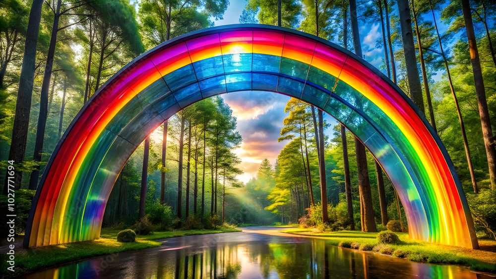 Obraz premium Rainbow Over Glass Forest Reflecting Light. Perfect for: Fantasy Festivals, Art Installations, Magical Forests