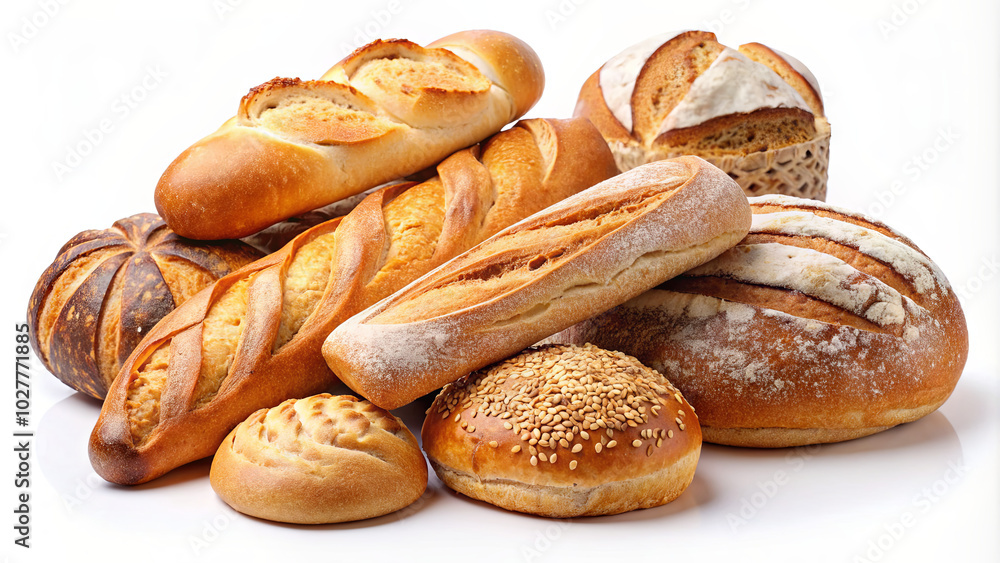 An assortment of freshly baked bread includes rolls, loaves, and baguettes, displaying diverse shapes and crust textures that appeal to any bread lover An assortment of freshly baked bread includes rolls, loaves, and baguettes, displaying diverse shapes and crust textures that appeal to any bread lover