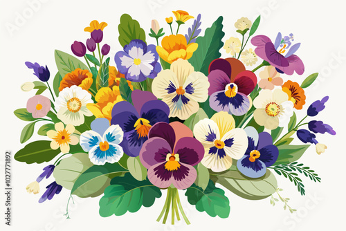 A bouquet made entirely of edible flowers: pansies, violas, and borage blossoms