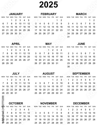 Simple editable vector calendar for year 2025 mondays first, sundays on black, easy to edit and useSimple editable vector calendar for year 2025 mondays first, sundays on black, easy to edit and use