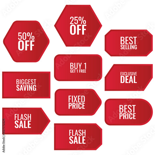 Set of red price, sale, discount, ticket and coupon sticker with text illustration