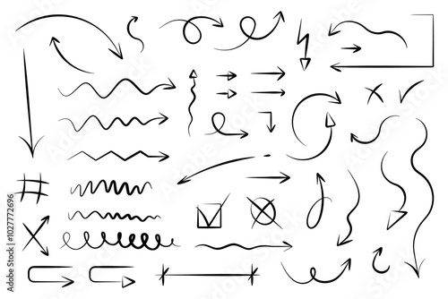 Set of different arrow shapes with doodle effect hand drawn design in fun visual presentations animated vector illustration