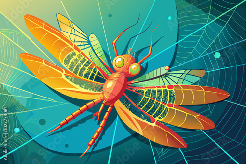 A bright dragonfly caught in a spiderweb, sunlight highlighting the delicate threads and vibrant colors