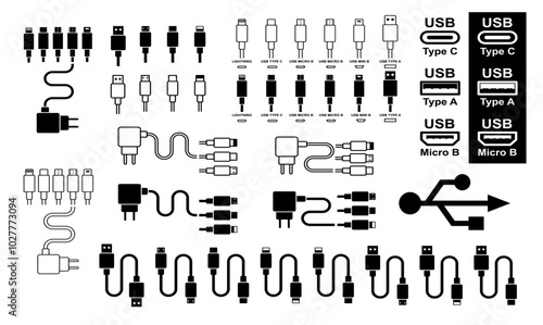 different usb cable and usb port charger icons collection. usb c, b, micro usb, etc icons for mockup, packaging, product etc. cable and port icon large collection for phone, laptop and computer.