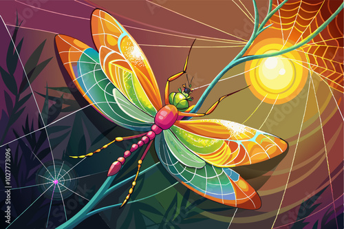 A bright dragonfly caught in a spiderweb, sunlight highlighting the delicate threads and vibrant colors