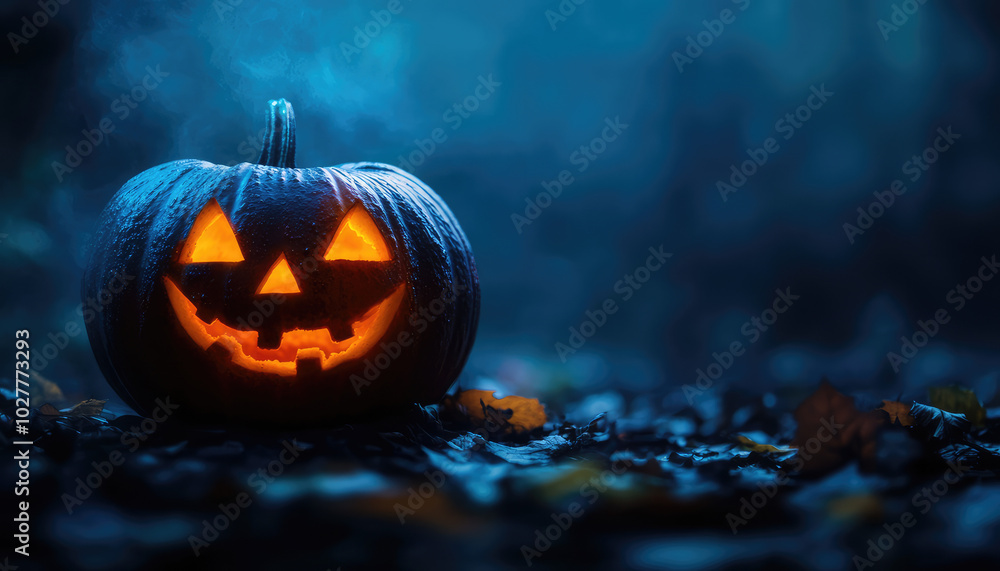 A glowing jack-o'-lantern creates an ominous light in a mysterious, dark forest, adding to the haunting, otherworldly spirit of Halloween night. A glowing jack-o'-lantern creates an ominous light in a mysterious, dark forest, adding to the haunting, otherworldly spirit of Halloween night.