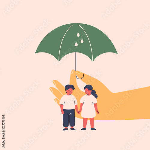 Adult hand protects children from the rain via umbrella. Creating a secure environment for kids. Supervision and teaching safety rules in Family, society, schools. Vector illustration