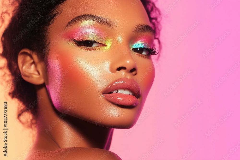 model with rainbow colored eyeshadow, paired with glossy lips and glowing skin, posing with a dreamy expression against a pastel background model with rainbow colored eyeshadow, paired with glossy lips and glowing skin, posing with a dreamy expression against a pastel background