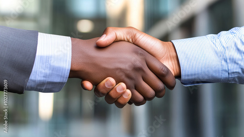 A professional handshake between two individuals in a business setting during the day, showcasing collaboration and partnership