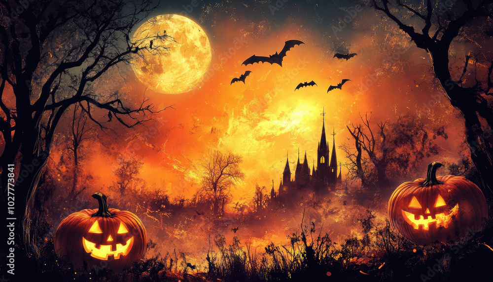 A spooky Halloween scene with glowing jack-o'-lanterns, bats flying, and a mysterious castle under a full moon in a fiery autumn landscape. A spooky Halloween scene with glowing jack-o'-lanterns, bats flying, and a mysterious castle under a full moon in a fiery autumn landscape.