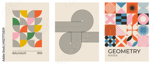 Set of trendy modern abstract geometric vector posters with circle, square line shape. Minimalistic print for wall art decoration, postcard or brochure cover design in retro style art