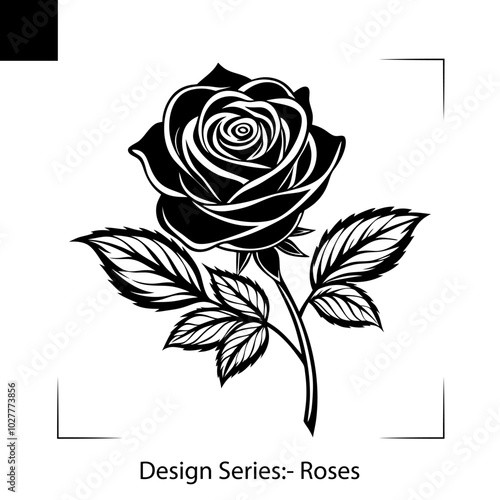 Rose shilhouettee design. Black rose 6 petals and one main stem of the rose folower tree. 