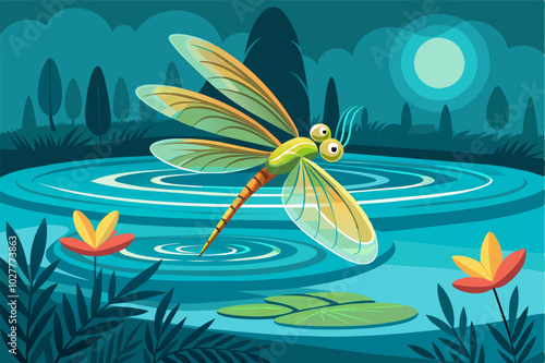 A bright dragonfly skimming the surface of a calm pond, leaving ripples in its wake