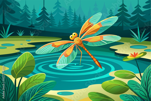 A bright dragonfly skimming the surface of a calm pond, leaving ripples in its wake