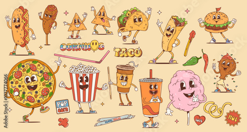 Fast food cartoon retro groovy characters, funky burgers and pizza, vector personages. Happy groovy taco with popcorn and cheeseburger, hot dog and taco with coffee in 70s hippie or hipster groovy art
