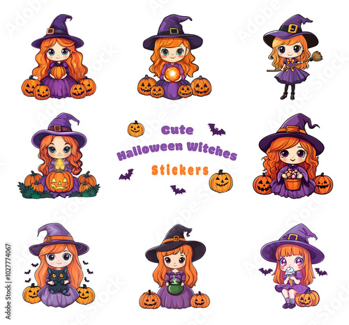 Pack of Stickers with cute kawaii halloween smiling witches holding different Halloween items, cartoon ginger witch, perfect for halloween illustrations photo