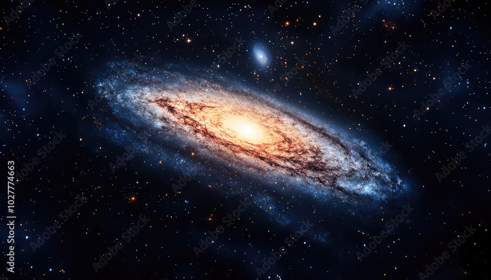 A grand spiral galaxy with a brilliant orange core set amidst a tranquil sea of stars, highlighting the magnificence and mystery of space. A grand spiral galaxy with a brilliant orange core set amidst a tranquil sea of stars, highlighting the magnificence and mystery of space.