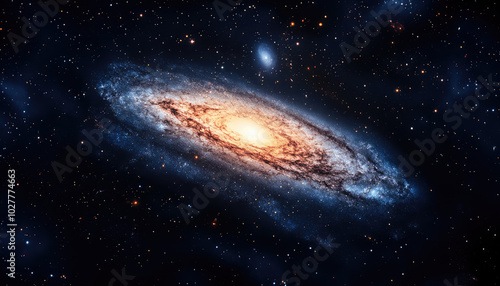A grand spiral galaxy with a brilliant orange core set amidst a tranquil sea of stars, highlighting the magnificence and mystery of space.