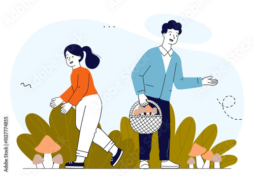 Family picking mushrooms. Man and girl select fresh and organic products. Harvesting in forest. Autumnul meadow in fall season. Linear vector illustration