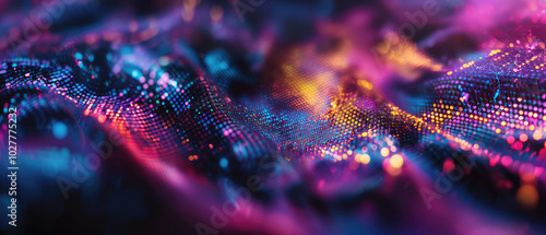 A visually striking image of glowing, multicolored dots resembling a digital matrix, creating a vibrant and dynamic atmosphere with an abstract style and ethereal essence. photo