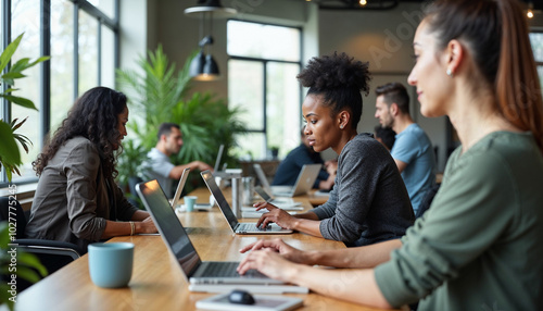 Co-working space: A modern, open-plan area with diverse professionals including a Black female software engineer, a South Asian male graphic designer, and a Hispanic female entrepreneur working