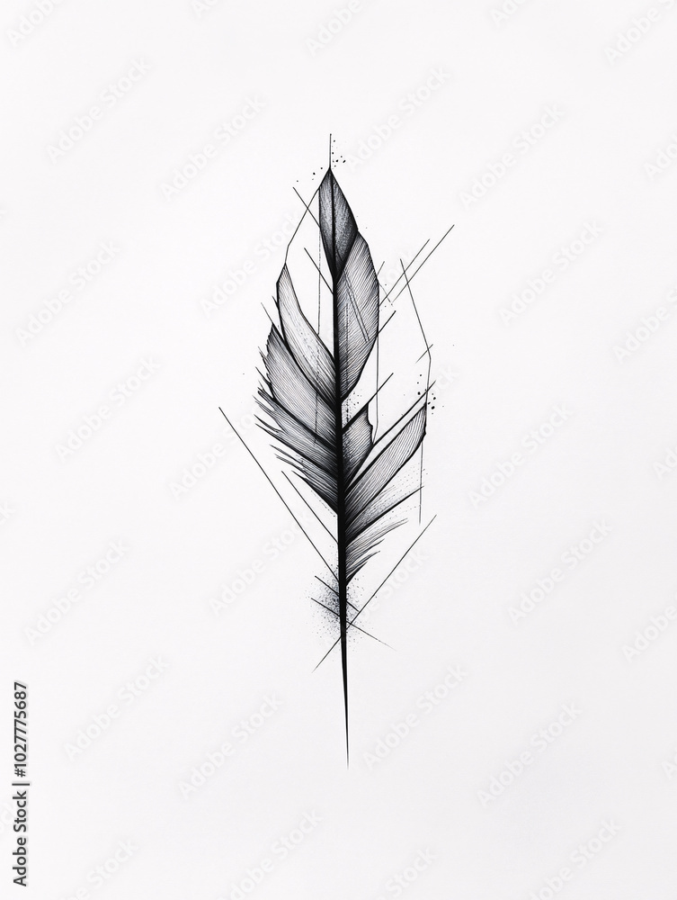 A minimalist tattoo design of an abstract feather in black ink, combining geometric shapes and clean lines for a sleek and modern look. The tattoo features a subtle and elegant style, perfect for thos A minimalist tattoo design of an abstract feather in black ink, combining geometric shapes and clean lines for a sleek and modern look. The tattoo features a subtle and elegant style, perfect for thos