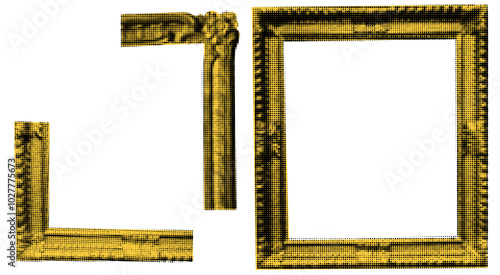 Vector golden frame design set. Retro artwork collage with a luxurious wall background and halftone texture