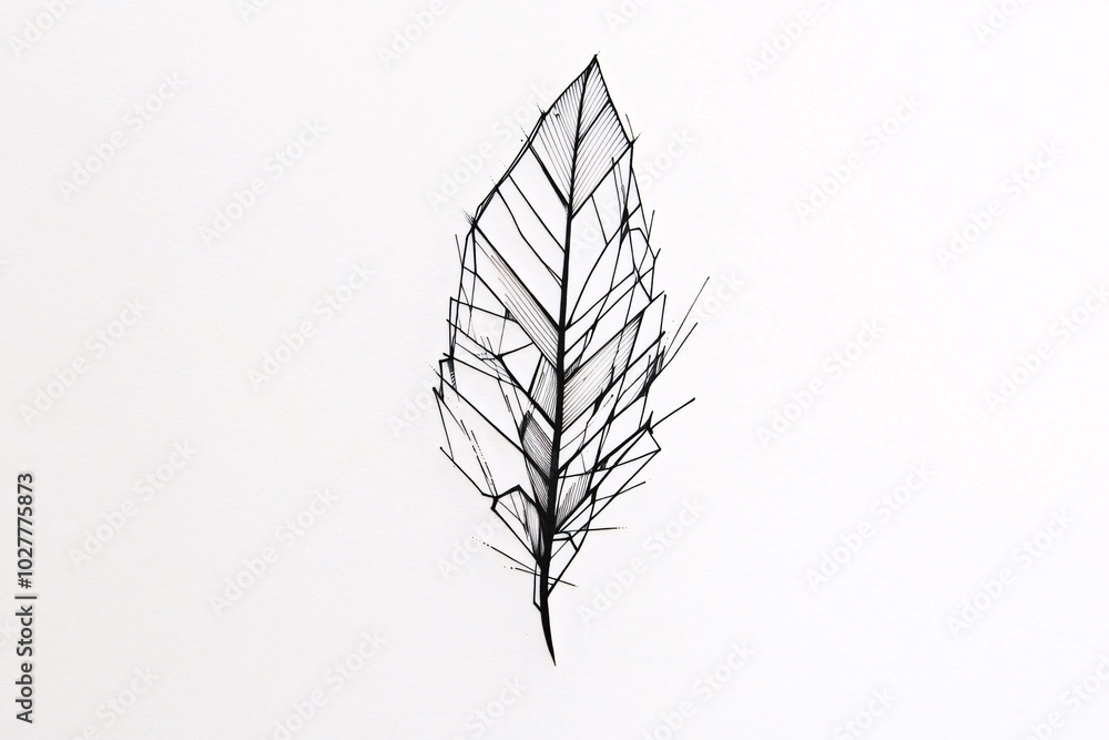 A minimalist tattoo design of an abstract feather in black ink, combining geometric shapes and clean lines for a sleek and modern look. The tattoo features a subtle and elegant style, perfect for thos A minimalist tattoo design of an abstract feather in black ink, combining geometric shapes and clean lines for a sleek and modern look. The tattoo features a subtle and elegant style, perfect for thos