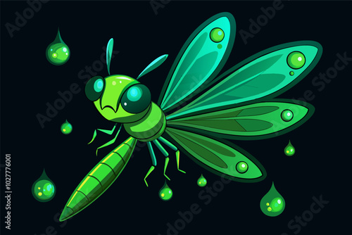 A close-up of a neon green dragonfly in mid-flight, with dewdrops clinging to its wings