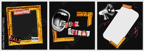 Black Friday sale collage banner with scream, sticker, gold glitter photo frame and halftone elements.