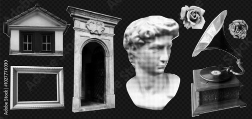 Halftone set of greek sculpture, phonograph,  column, arch, rose, and frame.  Modern dance event poster with cultural patterns and antique music theme.