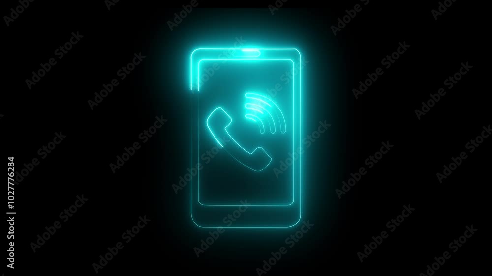 Smart phone icon animation by cyan colored neon on black background. Smart phone icon animation by cyan colored neon on black background.