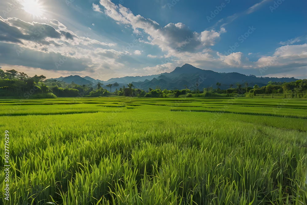 Obraz premium Aerial view of step rice farm field green grass ground texture pattern public hill park with blue sky background in concept of freshness, growth, environment ecology and sustainablility