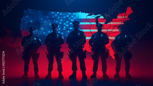 Military officers standing in front of a map of the United States