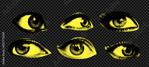 A pack of eyes cut out as if from a magazine. An isolated look. Vector halftone elements for collage with different emotions