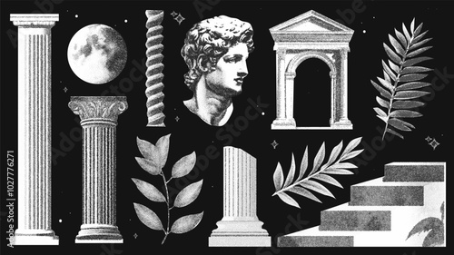 Collage halftone set with Greek sculpture and column. Vector art of ancient leaves, moon, and arches.