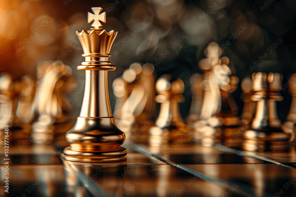 Golden chess piece is on a board with other pieces. Scene is serious and focused, as the chess piece is the main subject and the other pieces are arranged around it. Concept of a strategic game Golden chess piece is on a board with other pieces. Scene is serious and focused, as the chess piece is the main subject and the other pieces are arranged around it. Concept of a strategic game