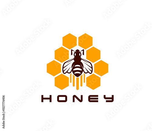 Honey bee icon, beekeeping and apiary products emblem. Isolated vector label or badge with stylized bee within yellow hexagonal combs with honey drips and bold brown typography below
