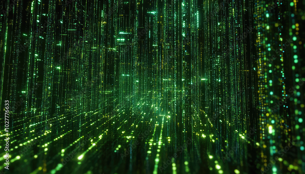A captivating scene of cascading green data streams, creating an immersive experience akin to a virtual reality wonderland filled with digital complexity. A captivating scene of cascading green data streams, creating an immersive experience akin to a virtual reality wonderland filled with digital complexity.