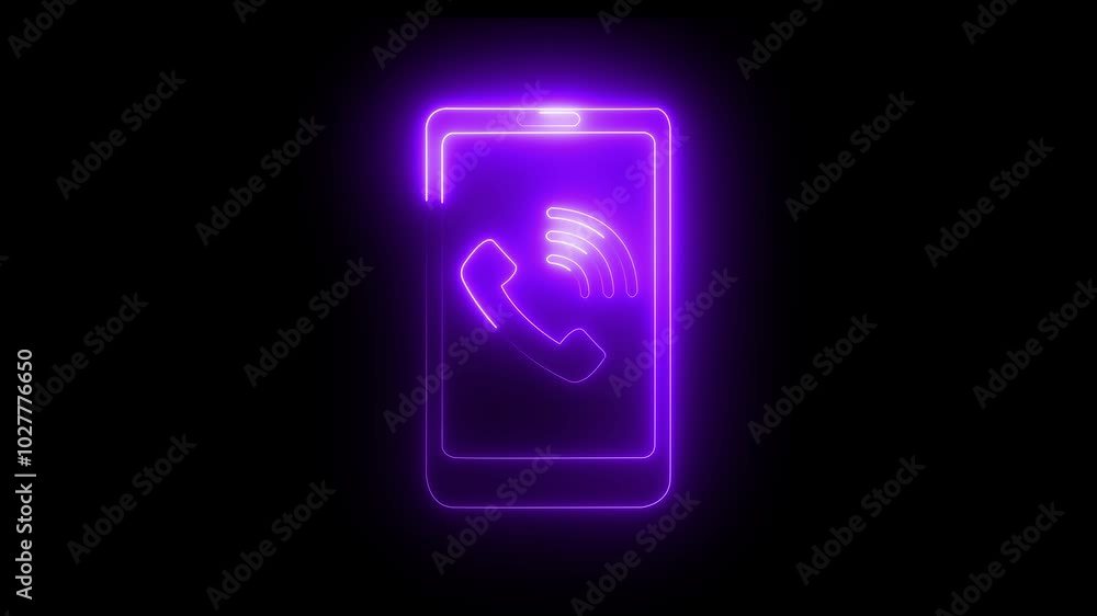 Smart phone icon animation by purple colored neon on black background. Smart phone icon animation by purple colored neon on black background.