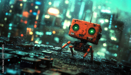 A small, adorable red robot with glowing green eyes stands against a blurred city background, embodying a playful intersection of technology and charm.