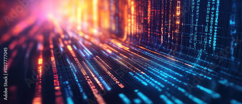 An abstract stream of digital data portrayed in blues and oranges, symbolizing the vibrant pulse of technology and innovation in a connected world.