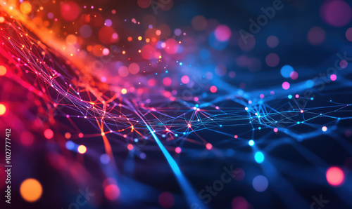 This image features a vibrant network of interconnected colored lines and glowing points, symbolizing connectivity, technology, and the vibrant energy of digital networks.