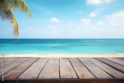 Empty wooden table on sea beach background