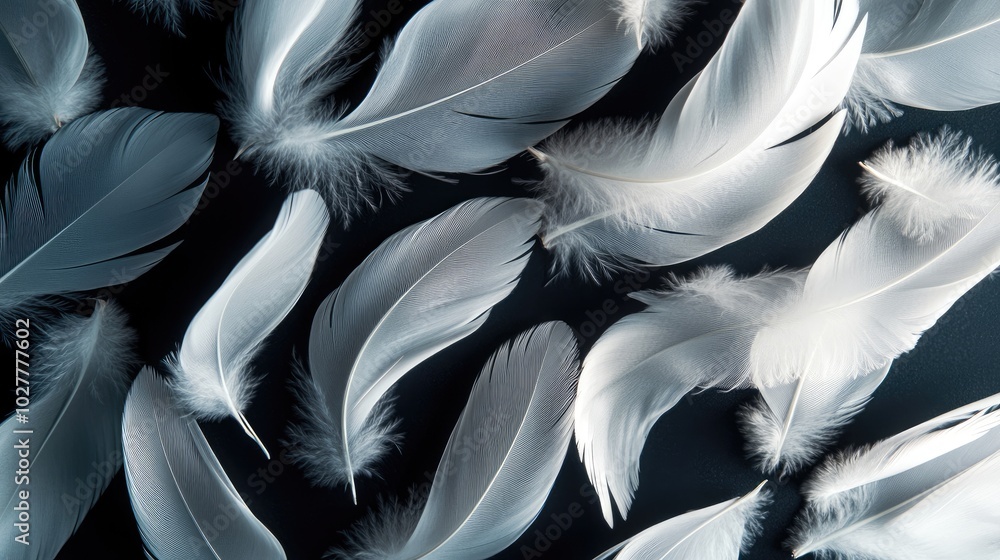 Fototapeta premium Soft white feathers arranged in a pattern on a dark backdrop, creating a sophisticated and tranquil image