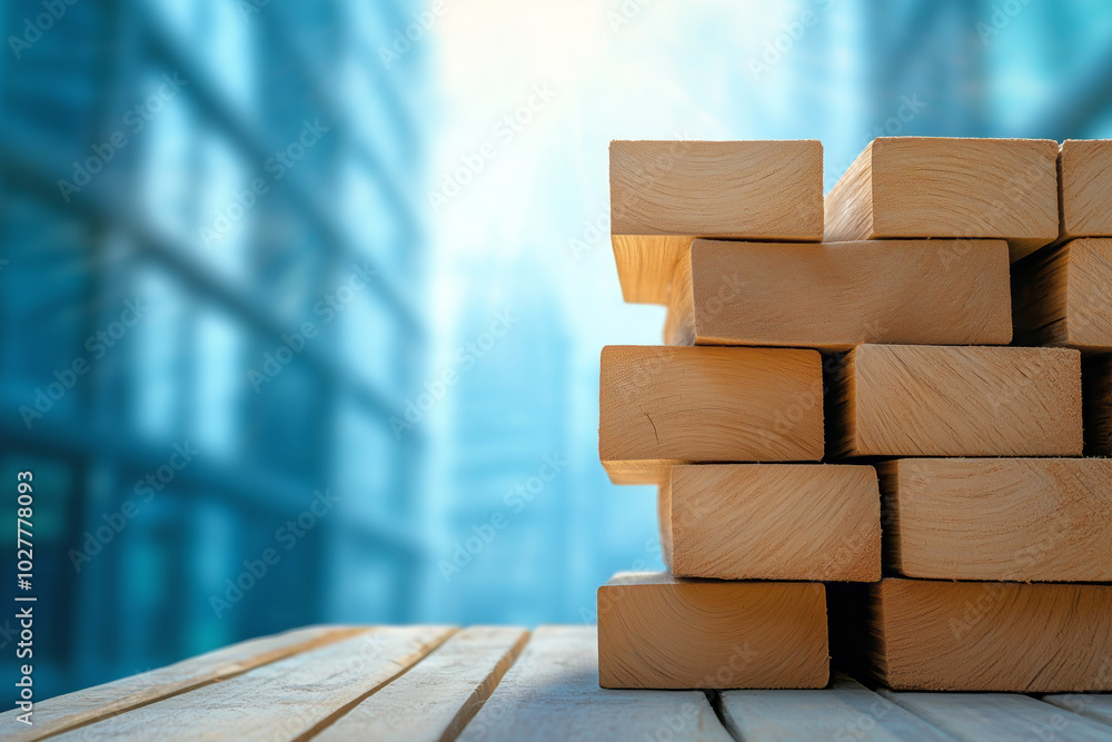 Stacks of wooden planks arranged on a construction site with a cityscape in the background Stacks of wooden planks arranged on a construction site with a cityscape in the background